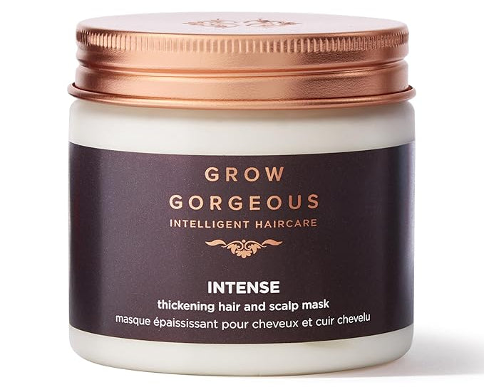 Jar of 'Grow Gorgeous' hair mask with a copper lid on a white background