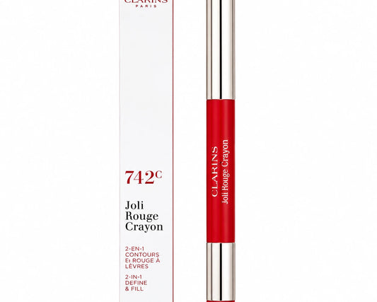 Clarins Joli Rouge Crayon lip liner in shade 742C, shown next to its white packaging box on a plain white background.