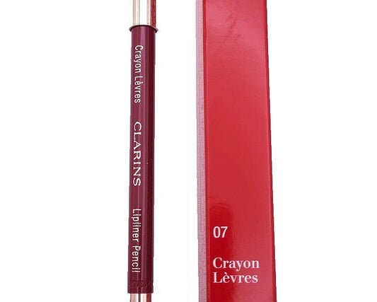 A Clarins Lipliner Pencil in shade 07 in a deep berry red, shown next to its red packaging box on a plain white background.