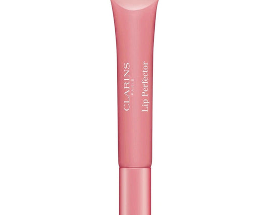 A pink tube of Clarins Lip Perfector lip gloss, shown vertically against a plain white background.