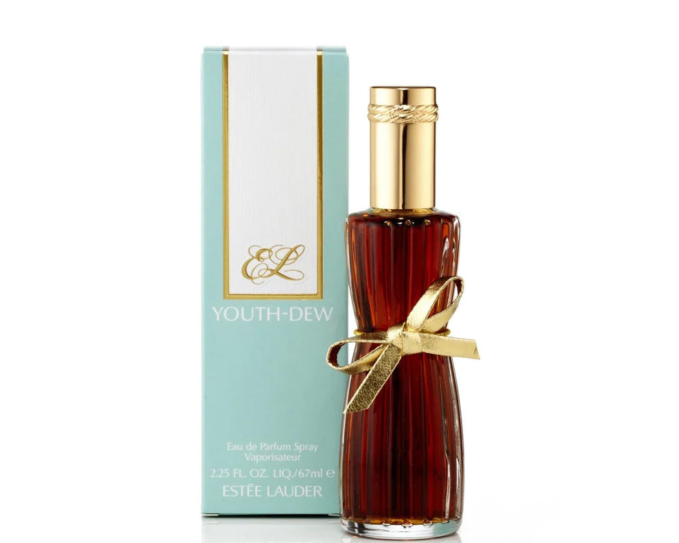Estée Lauder Youth-Dew perfume bottle with gold cap and ribbon, next to its packaging on a white background.