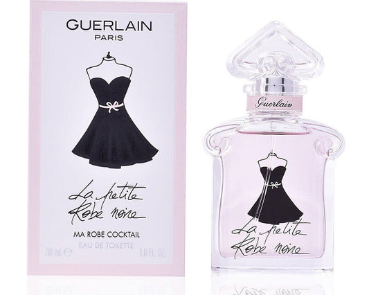 Guerlain perfume bottle and packaging with a black dress illustration on a white background