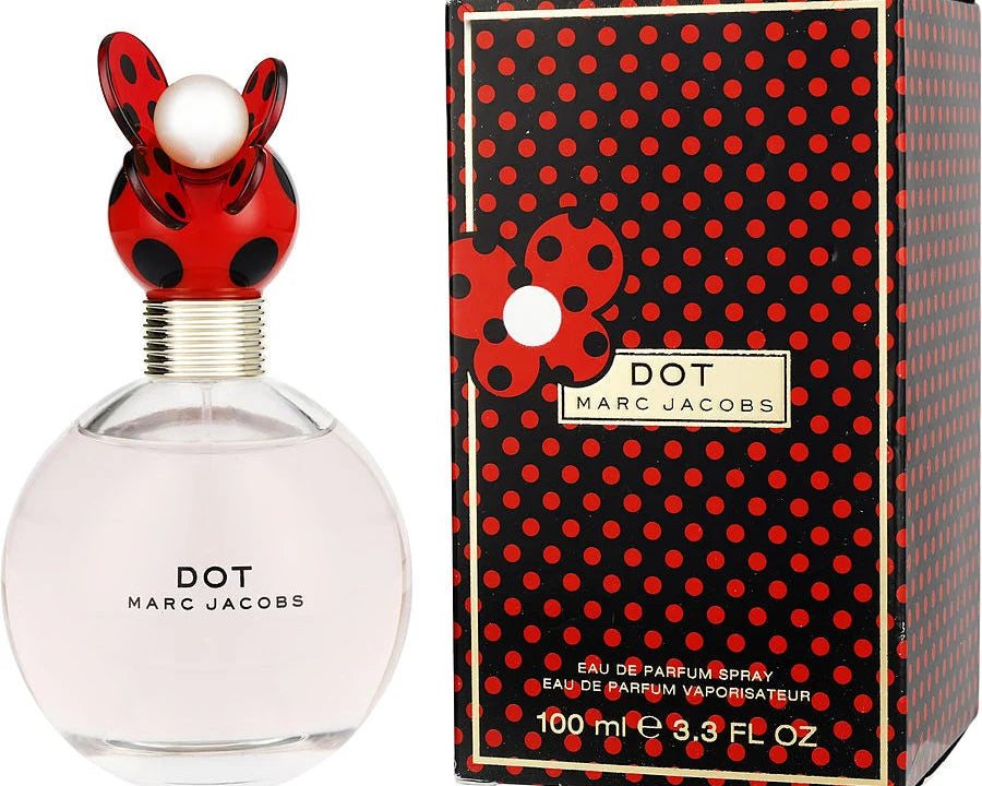 Marc Jacobs Dot perfume bottle and packaging with ladybug design on a white background