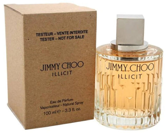 Jimmy Choo Illicit Eau de Parfum 100ml bottle next to its brown cardboard packaging box, on a white background.