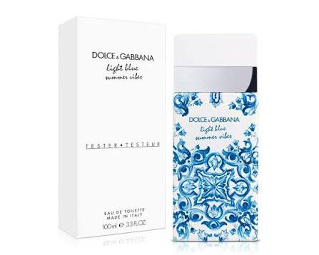 Dolce & Gabbana Light Blue Summer Vibes perfume bottle and packaging on a white background